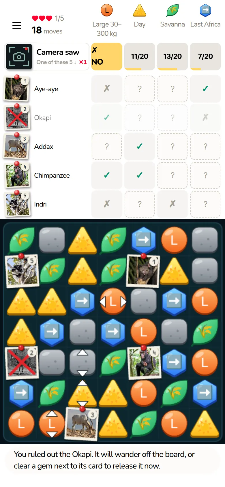 The evidence grid mid-round: the camera's answer to the size question is no, and the Okapi is ruled out