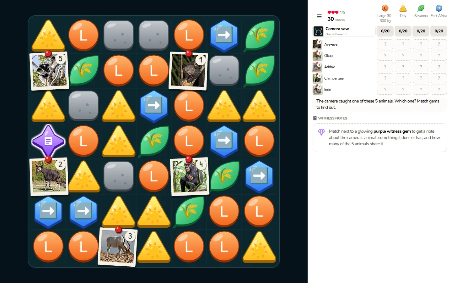 A round on a computer: the board of gems with five animal cards pinned on it, the evidence grid beside it